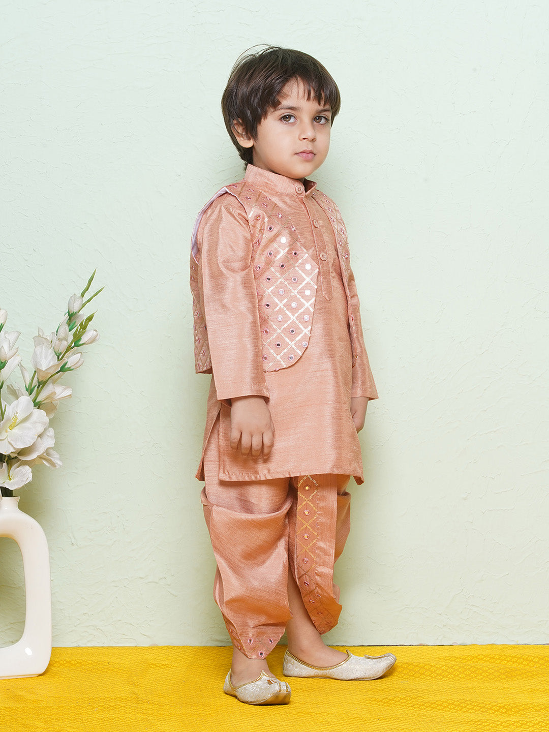 Kids Boys Peach Mirror Embroidery Cotton Blend Dhoti Set