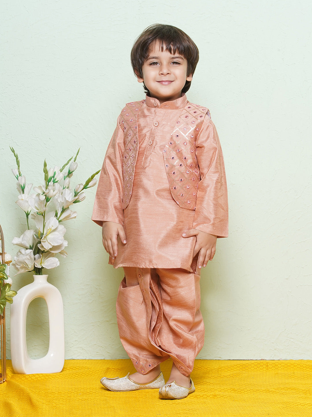 Kids Boys Peach Mirror Embroidery Cotton Blend Dhoti Set