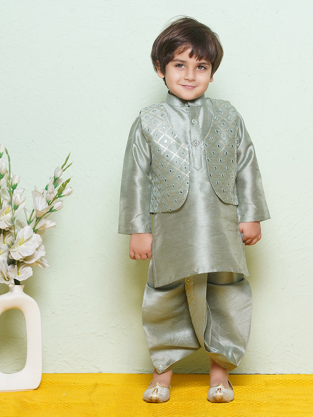 Kids Boys Green Mirror Embroidery Cotton Blend Dhoti Set