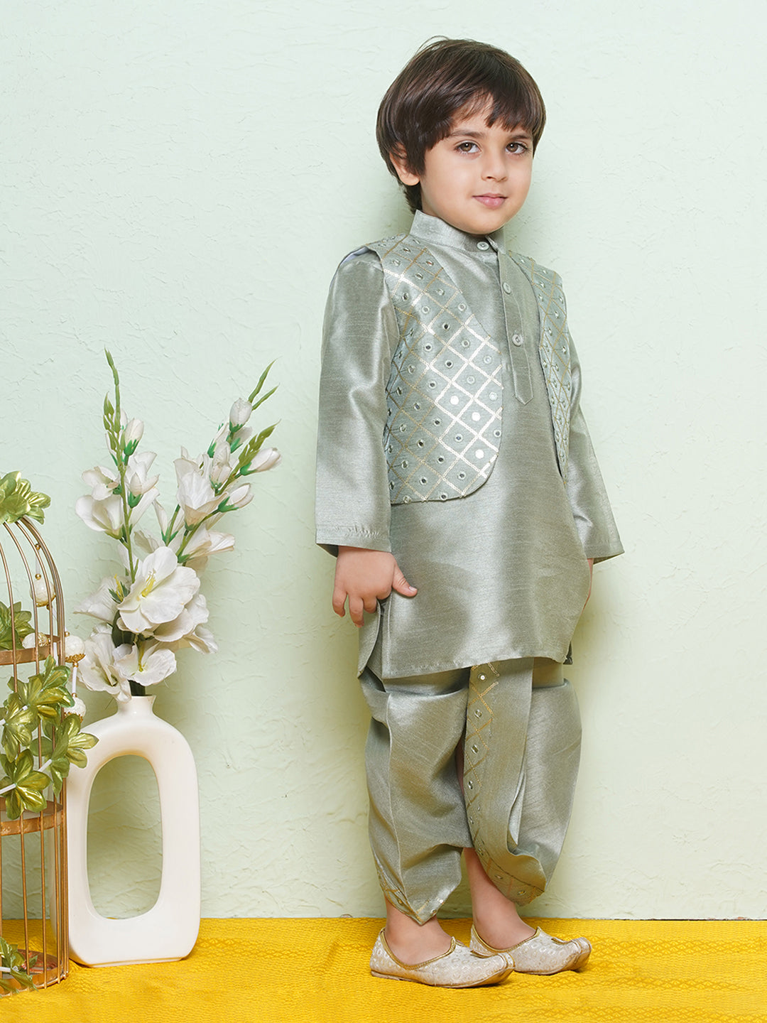 Kids Boys Green Mirror Embroidery Cotton Blend Dhoti Set