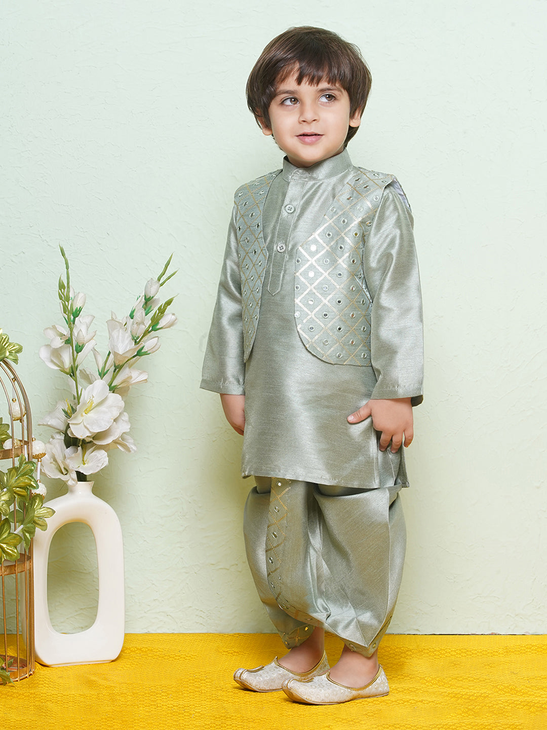 Kids Boys Green Mirror Embroidery Cotton Blend Dhoti Set