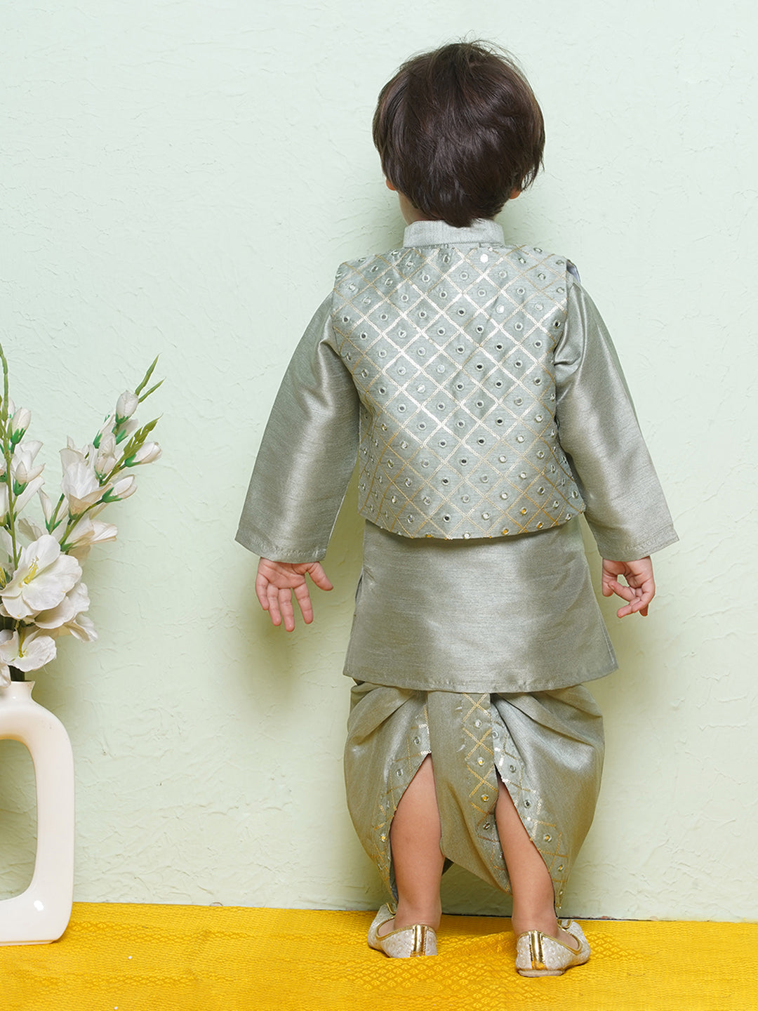 Kids Boys Green Mirror Embroidery Cotton Blend Dhoti Set