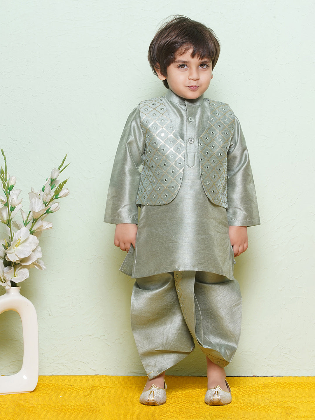 Kids Boys Green Mirror Embroidery Cotton Blend Dhoti Set