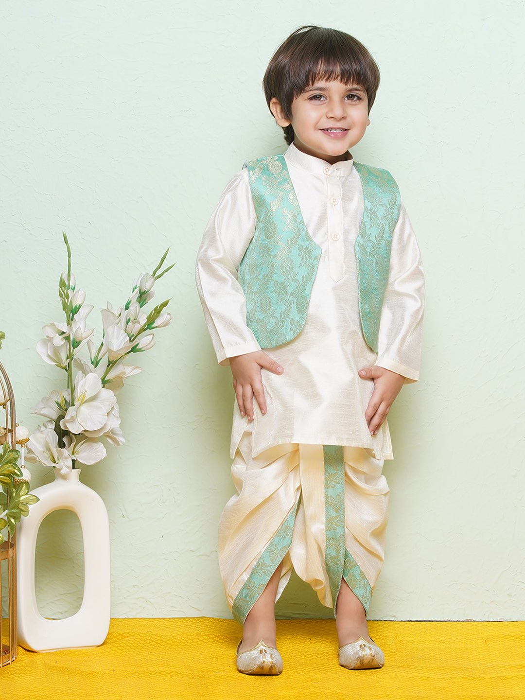 Kids Boys Green Floral Print Cotton Blend Dhoti Set - AJ Dezines