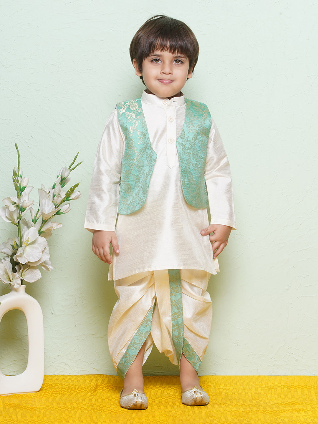 Cotton Blend Kids Green Kurta Dhoti Waistcoat Set For Boys