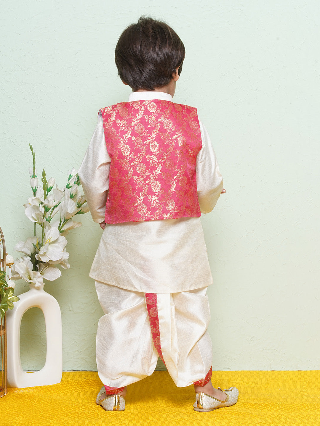 Cotton Blend Kids Pink Kurta Dhoti Waistcoat Set For Boys