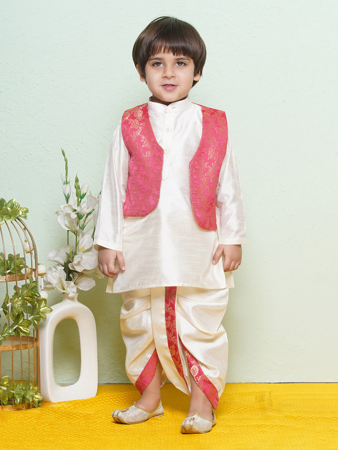 Cotton Blend Kids Pink Kurta Dhoti Waistcoat Set For Boys