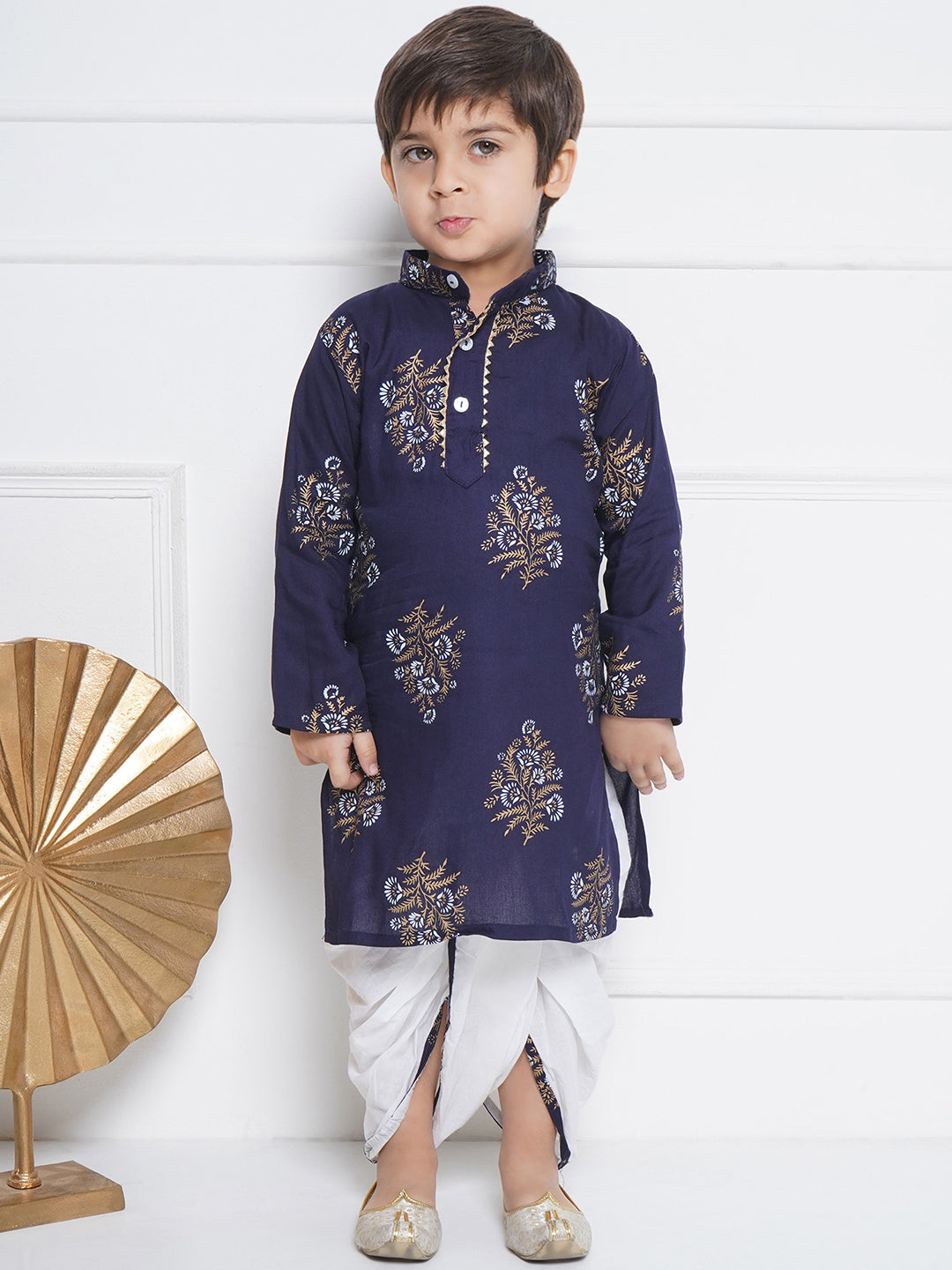 Kids Boys Blue Floral Print Cotton Dhoti Set