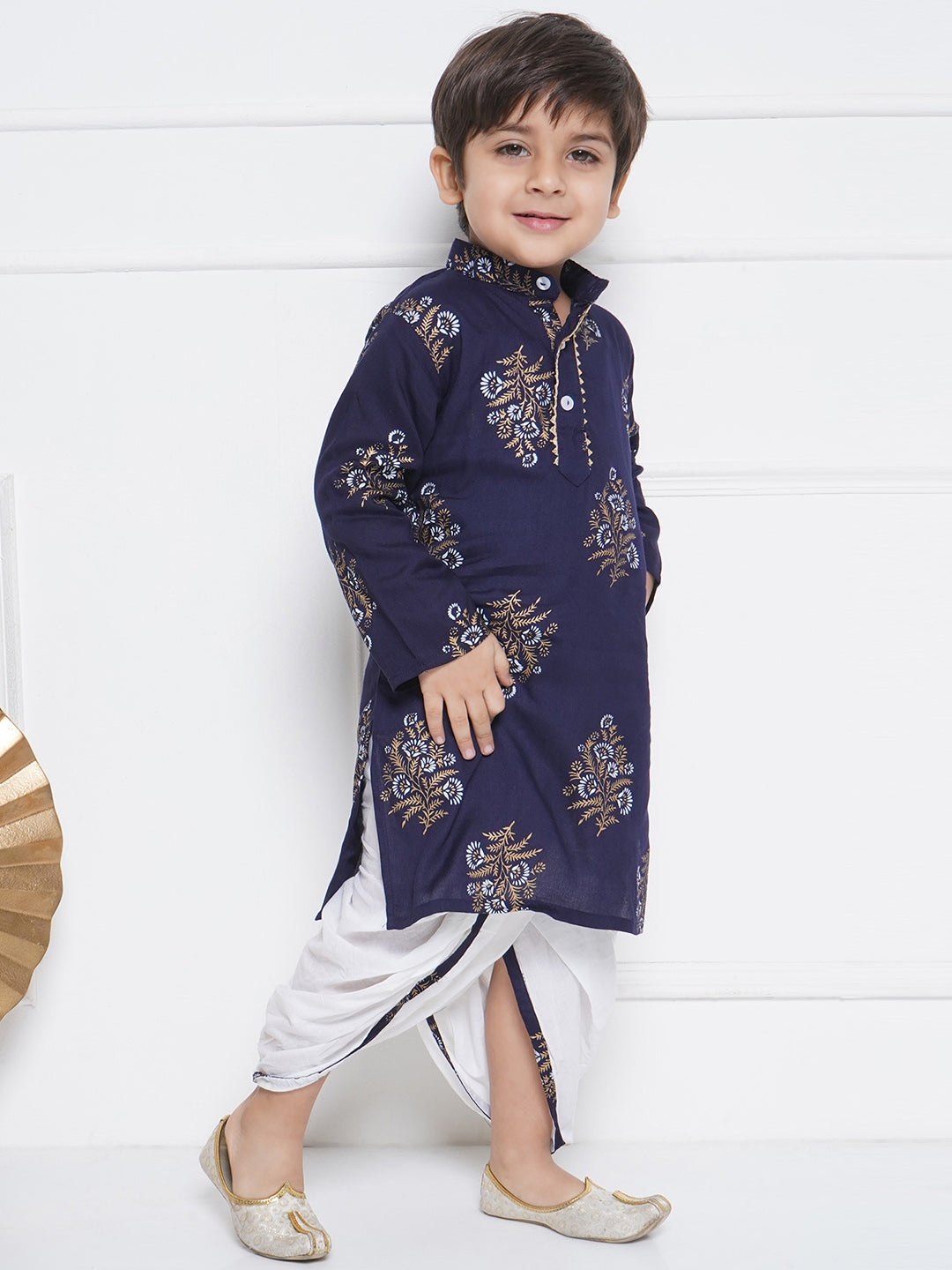 Kids Boys Blue Floral Print Cotton Dhoti Set