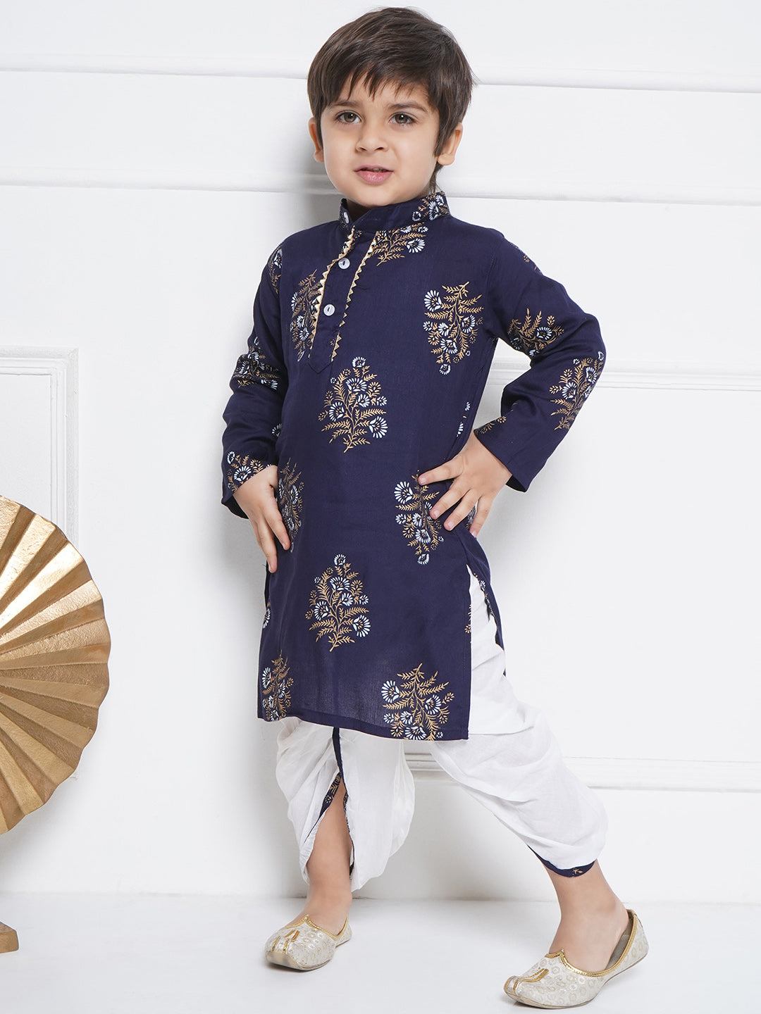 Kids Boys Blue Floral Print Cotton Dhoti Set