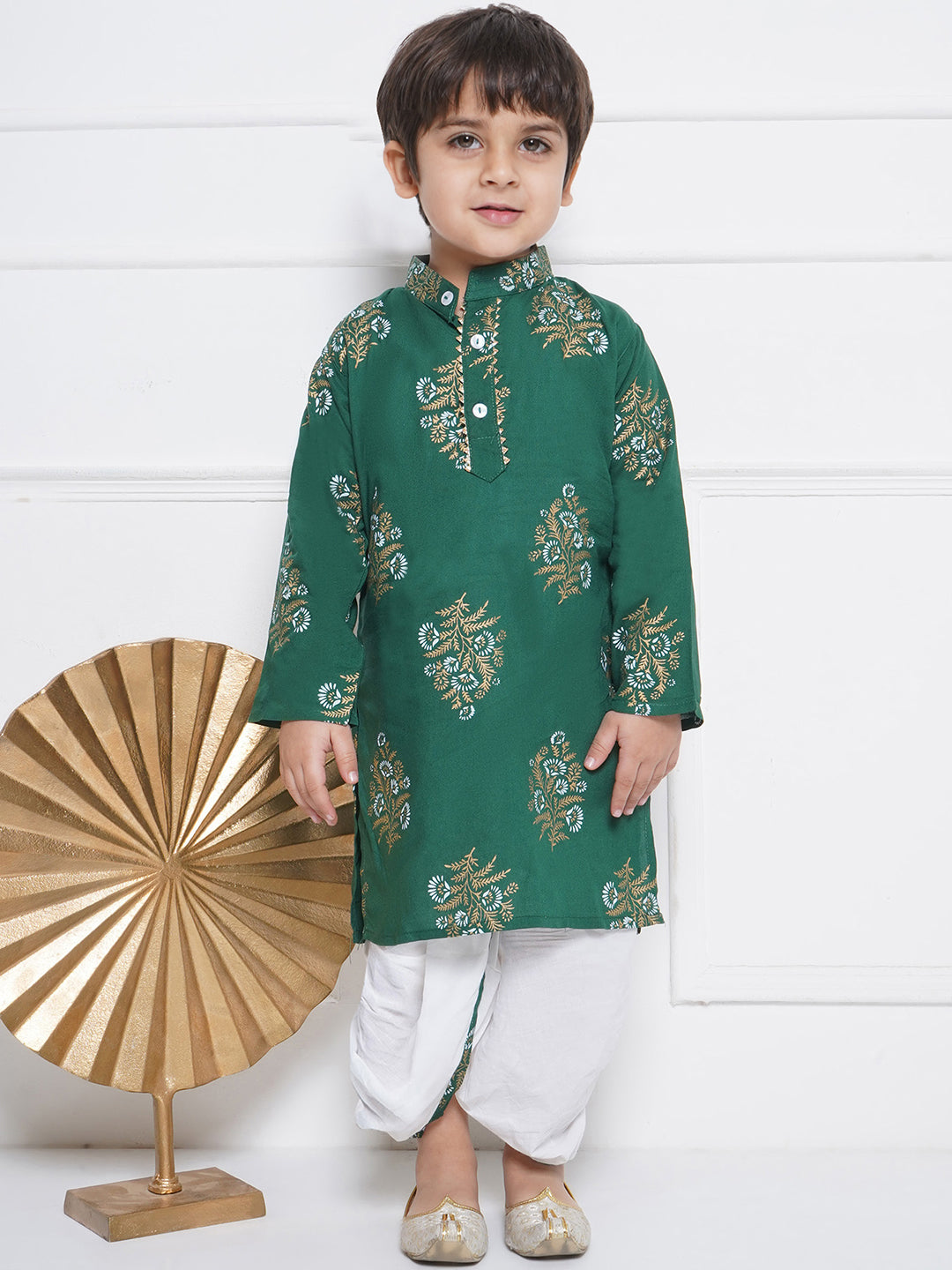 Kids Boys Green Floral Print Cotton Dhoti Set