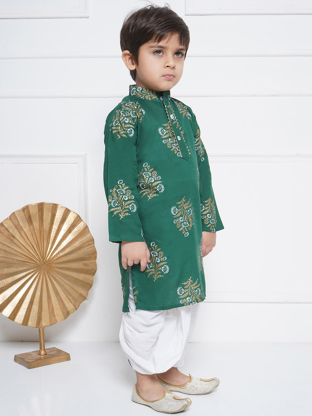 Kids Boys Green Floral Print Cotton Dhoti Set