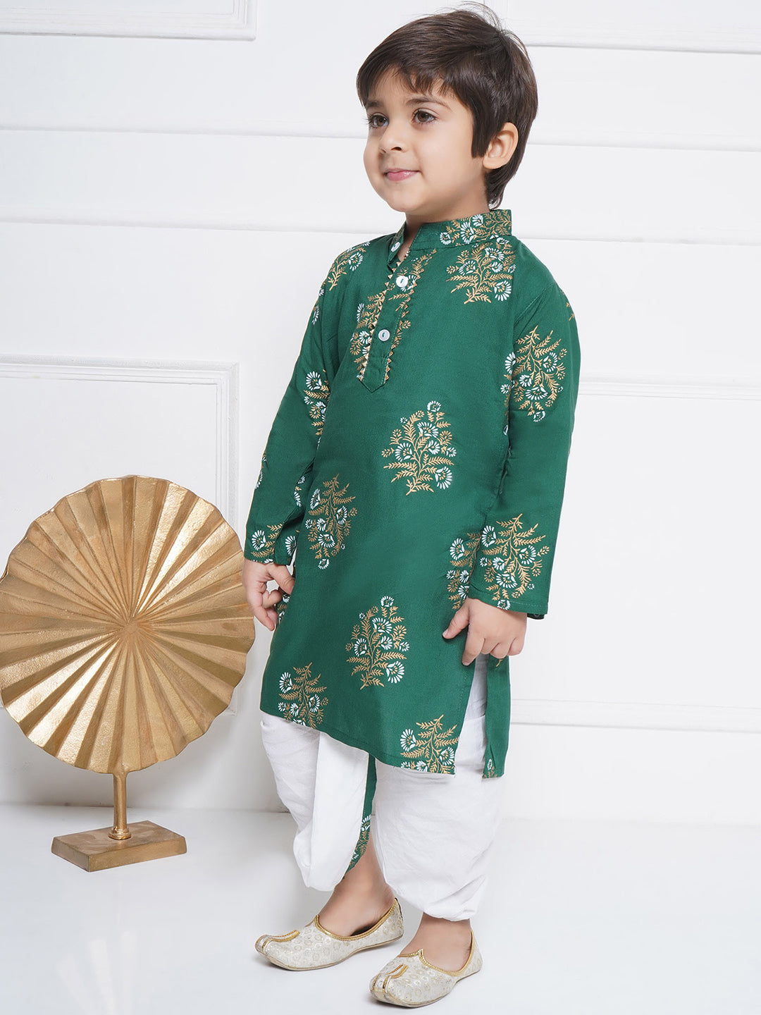 Kids Boys Green Floral Print Cotton Dhoti Set