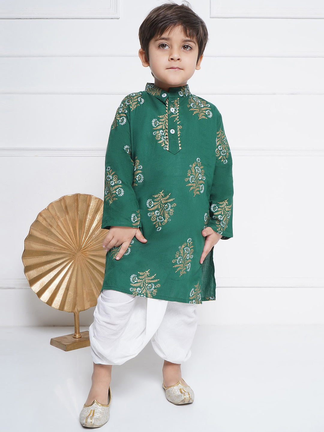 Kids Boys Green Floral Print Cotton Dhoti Set