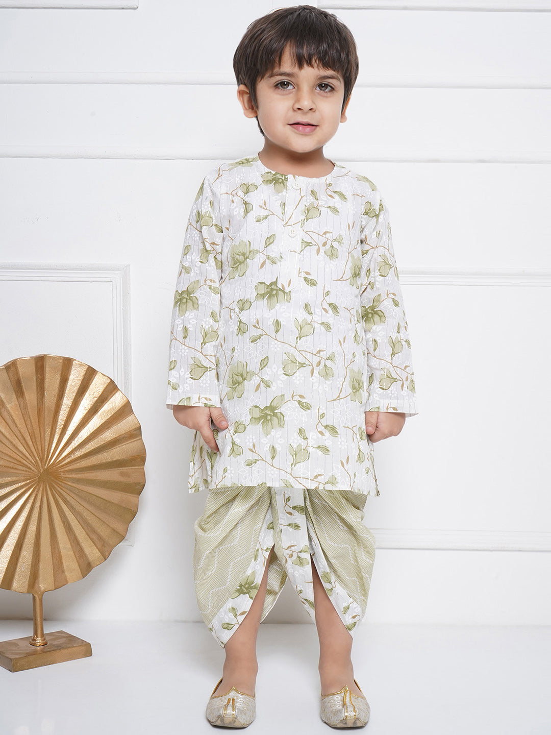 Kids Boys White Floral Print Cotton Kurta Set