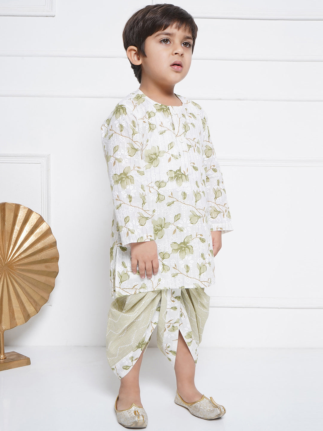 Kids Boys White Floral Print Cotton Kurta Set