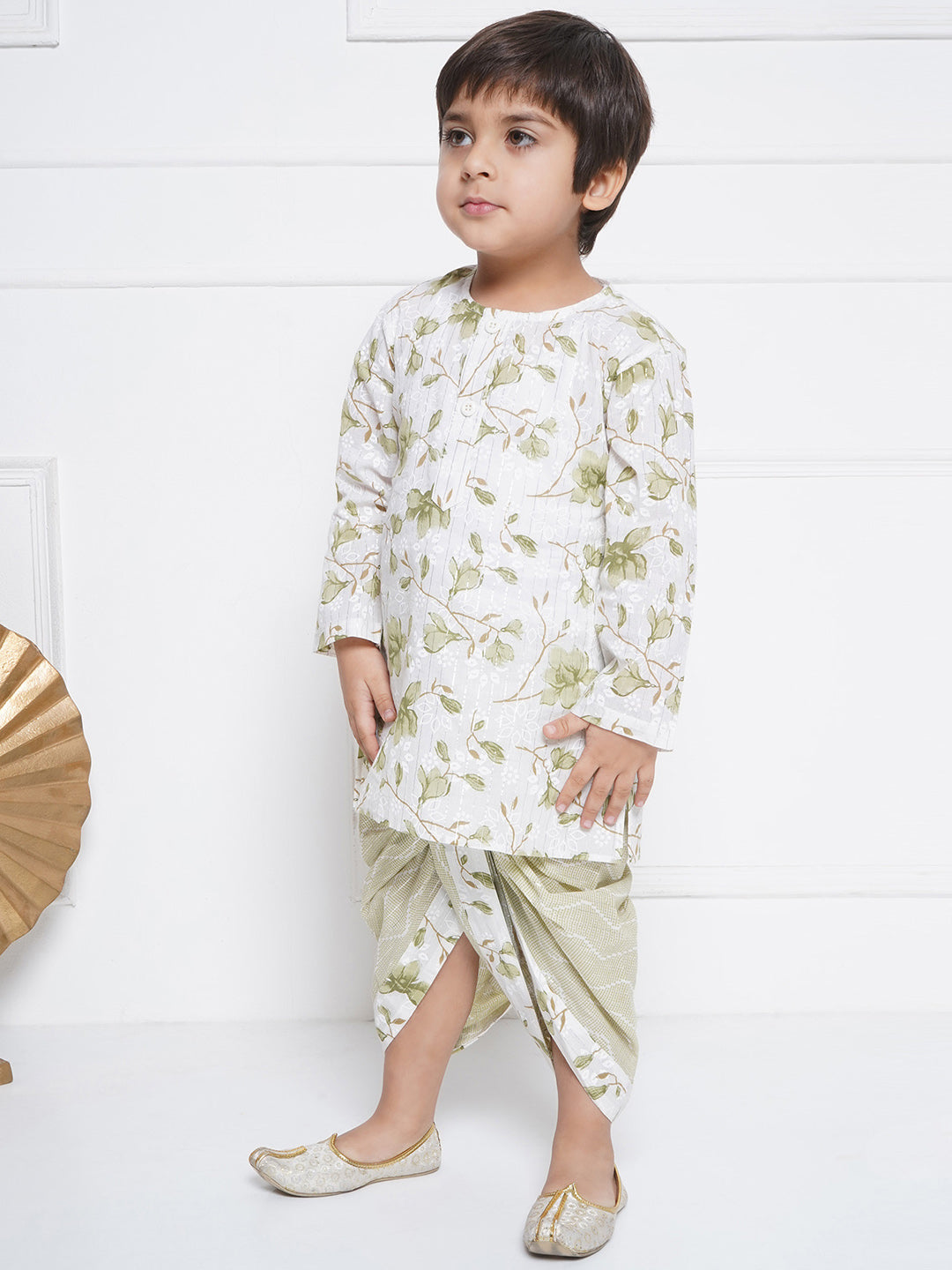 Kids Boys White Floral Print Cotton Kurta Set