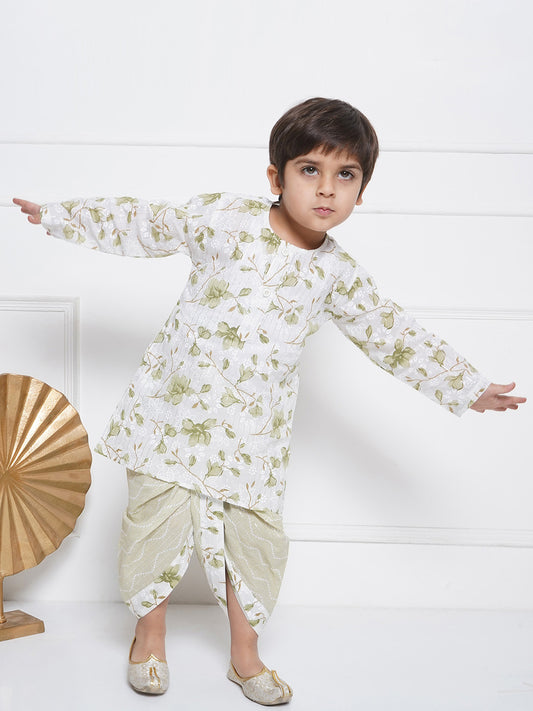 Kids Boys White Floral Print Cotton Kurta Set