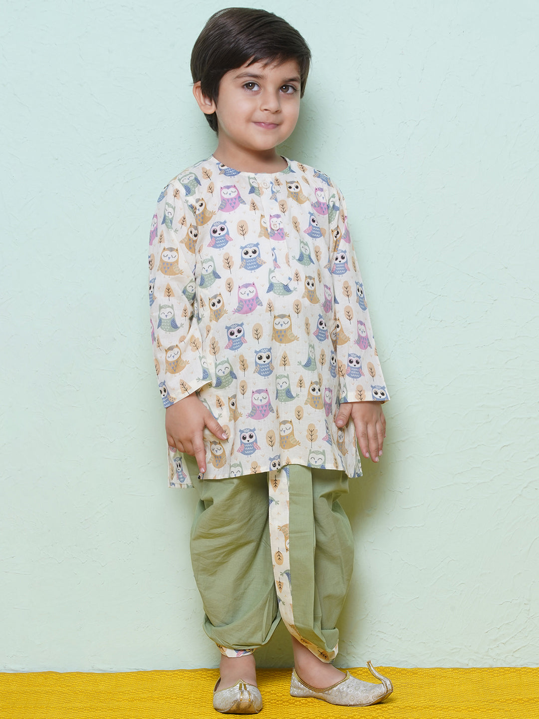 Kids Boys Pista Owl Print Cotton Dhoti Set