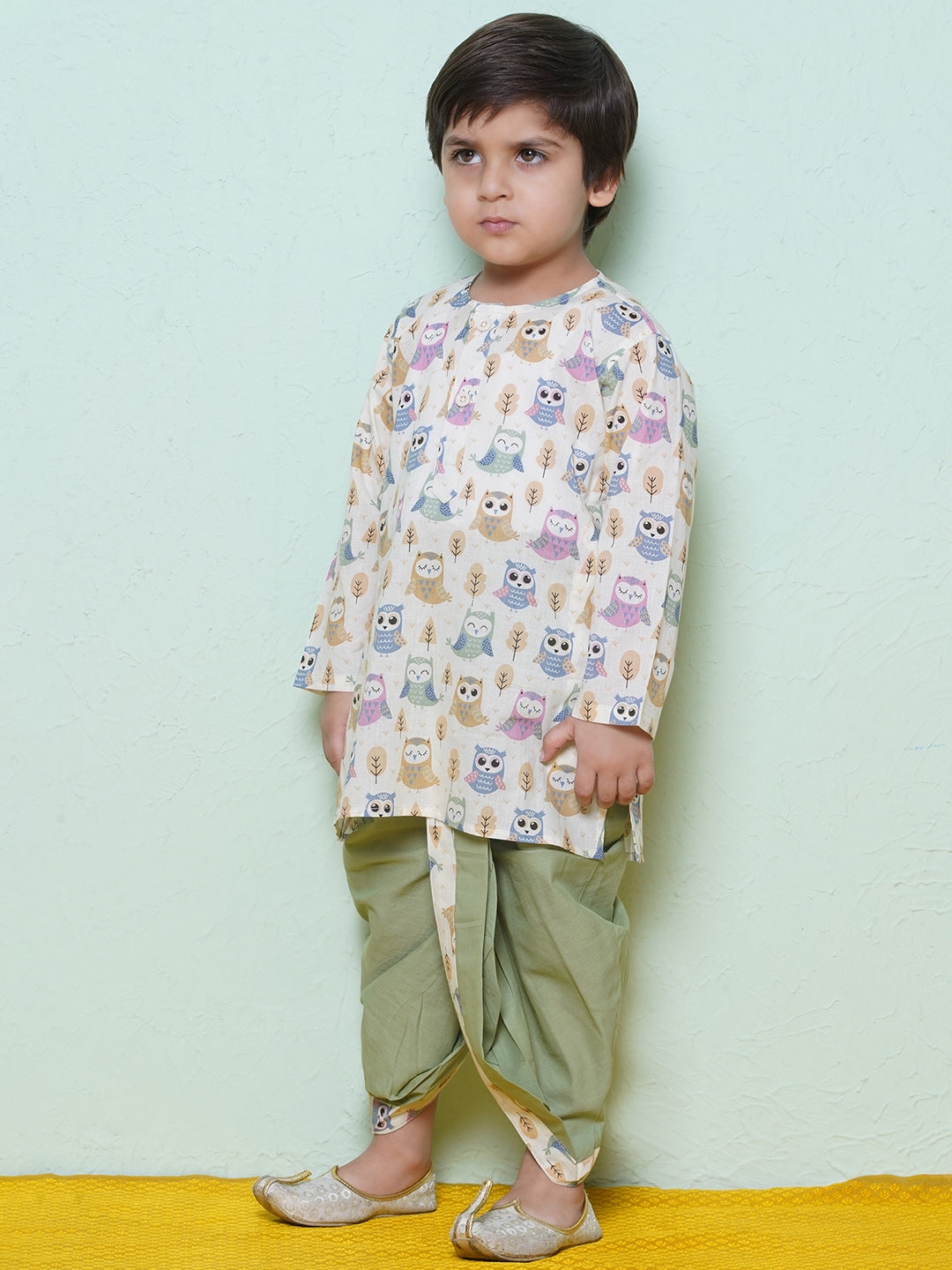 Kids Boys Pista Owl Print Cotton Dhoti Set