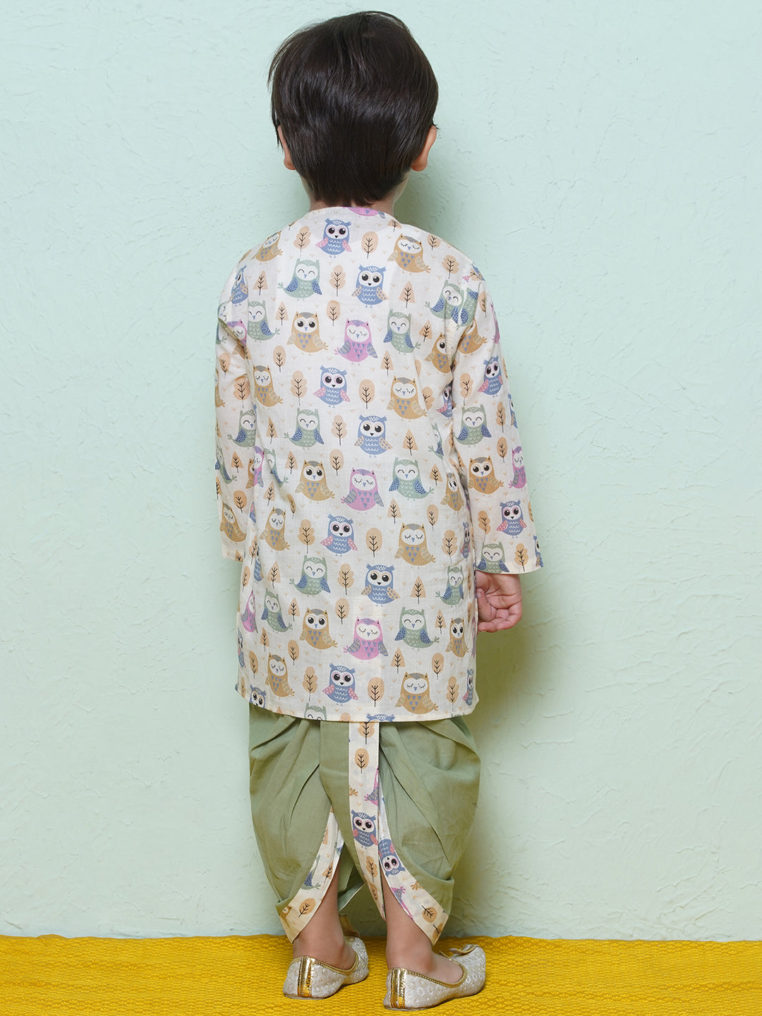 Kids Boys Pista Owl Print Cotton Dhoti Set