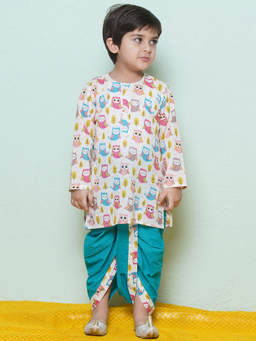 Kids Boys Teal Owl Print Cotton Dhoti Set