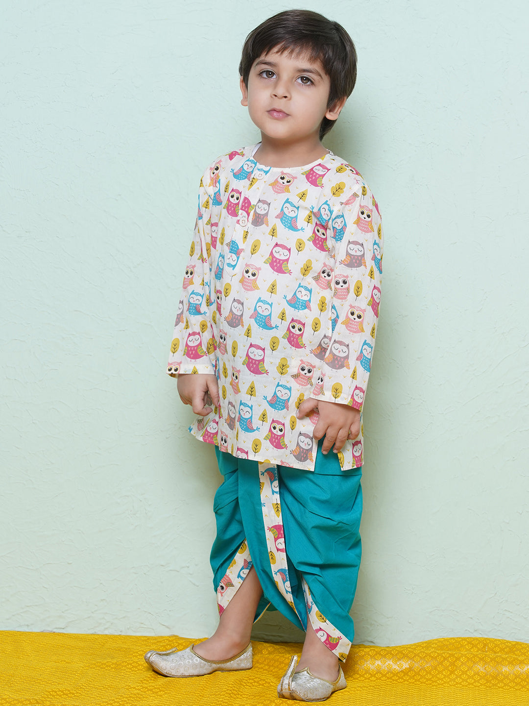 Kids Boys Teal Owl Print Cotton Dhoti Set