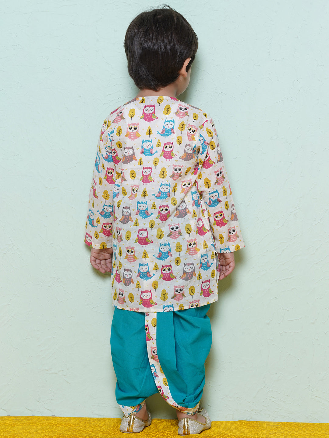 Kids Boys Teal Owl Print Cotton Dhoti Set