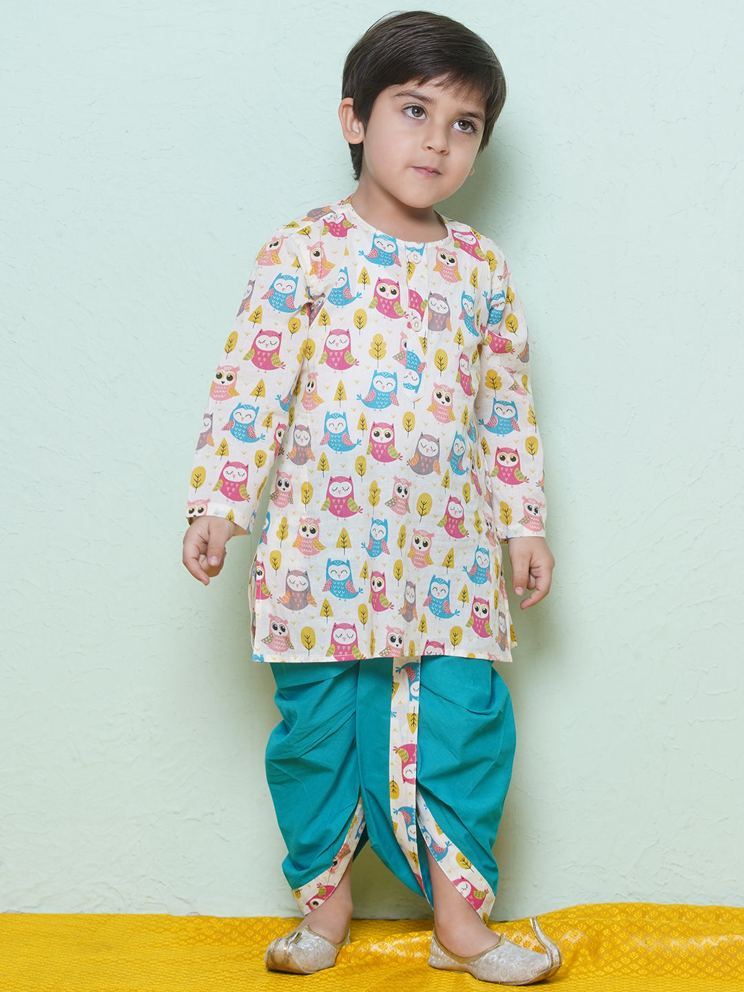 Kids Boys Teal Owl Print Cotton Dhoti Set