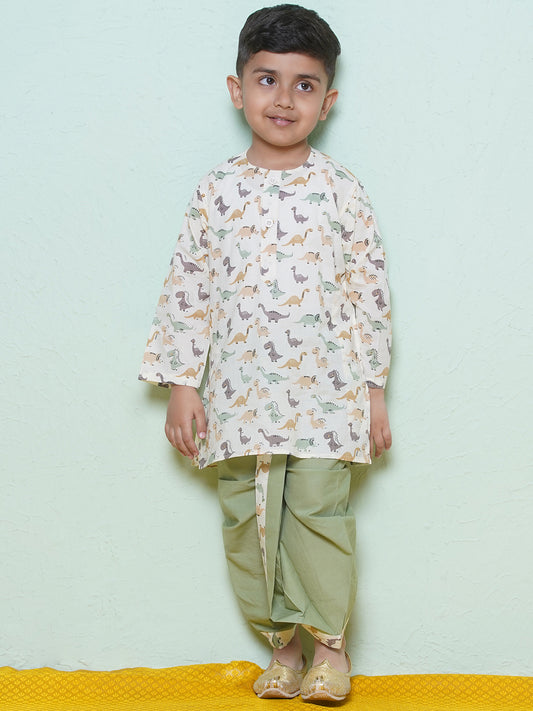 Kids Boys Pista Dino Print Cotton Dhoti Set