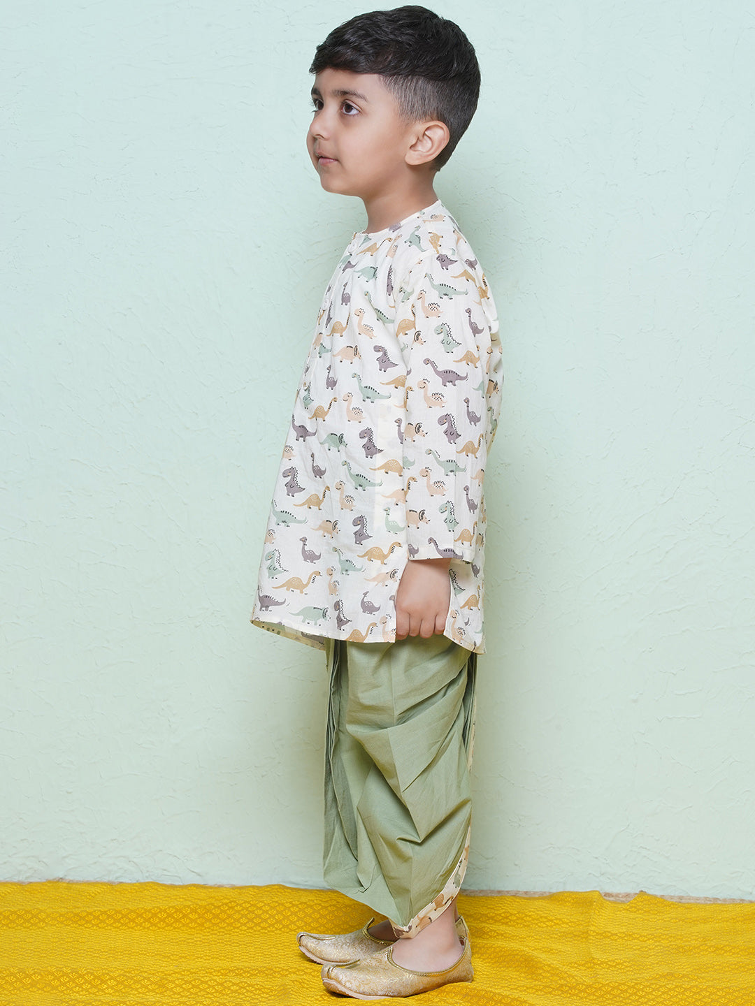 Kids Boys Pista Dino Print Cotton Dhoti Set