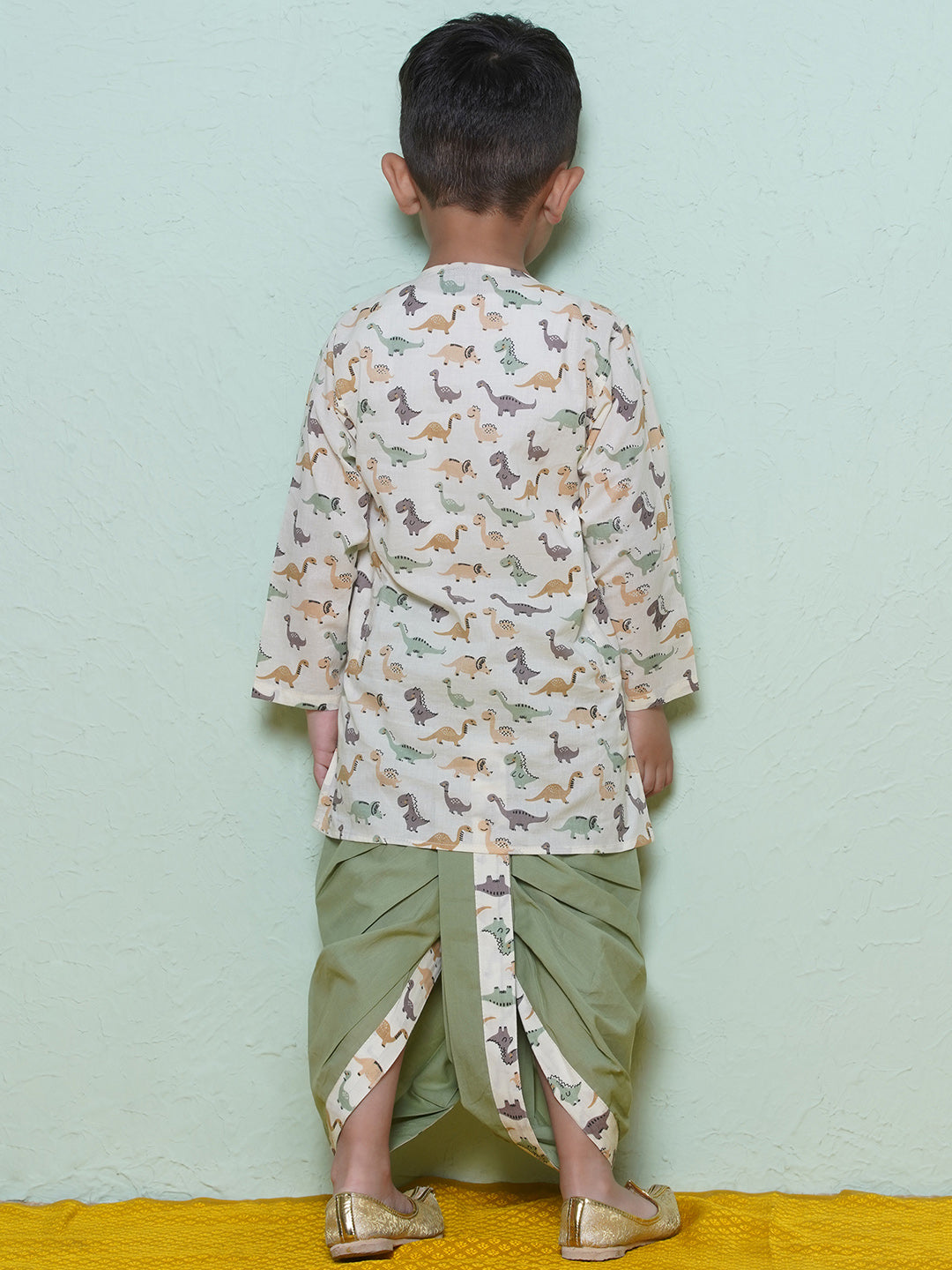 Kids Boys Pista Dino Print Cotton Dhoti Set