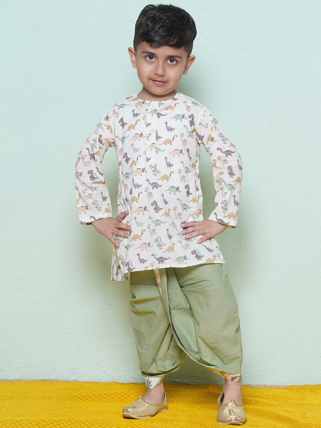 Kids Boys Pista Dino Print Cotton Dhoti Set