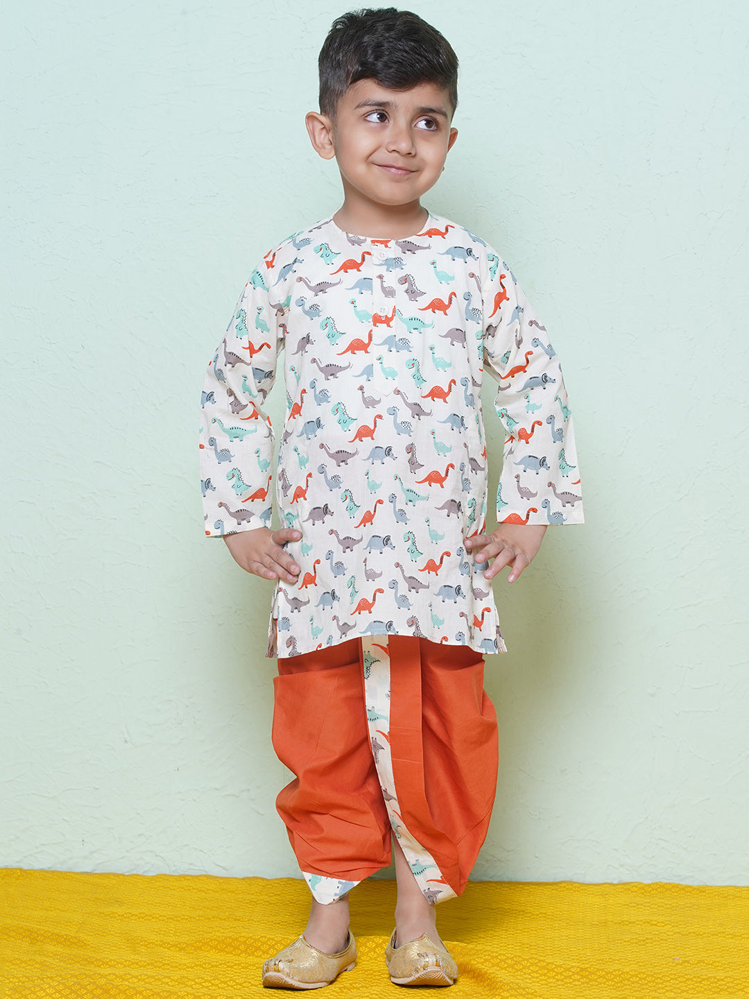 Kids Boys Rust Dino Print Cotton Dhoti Set