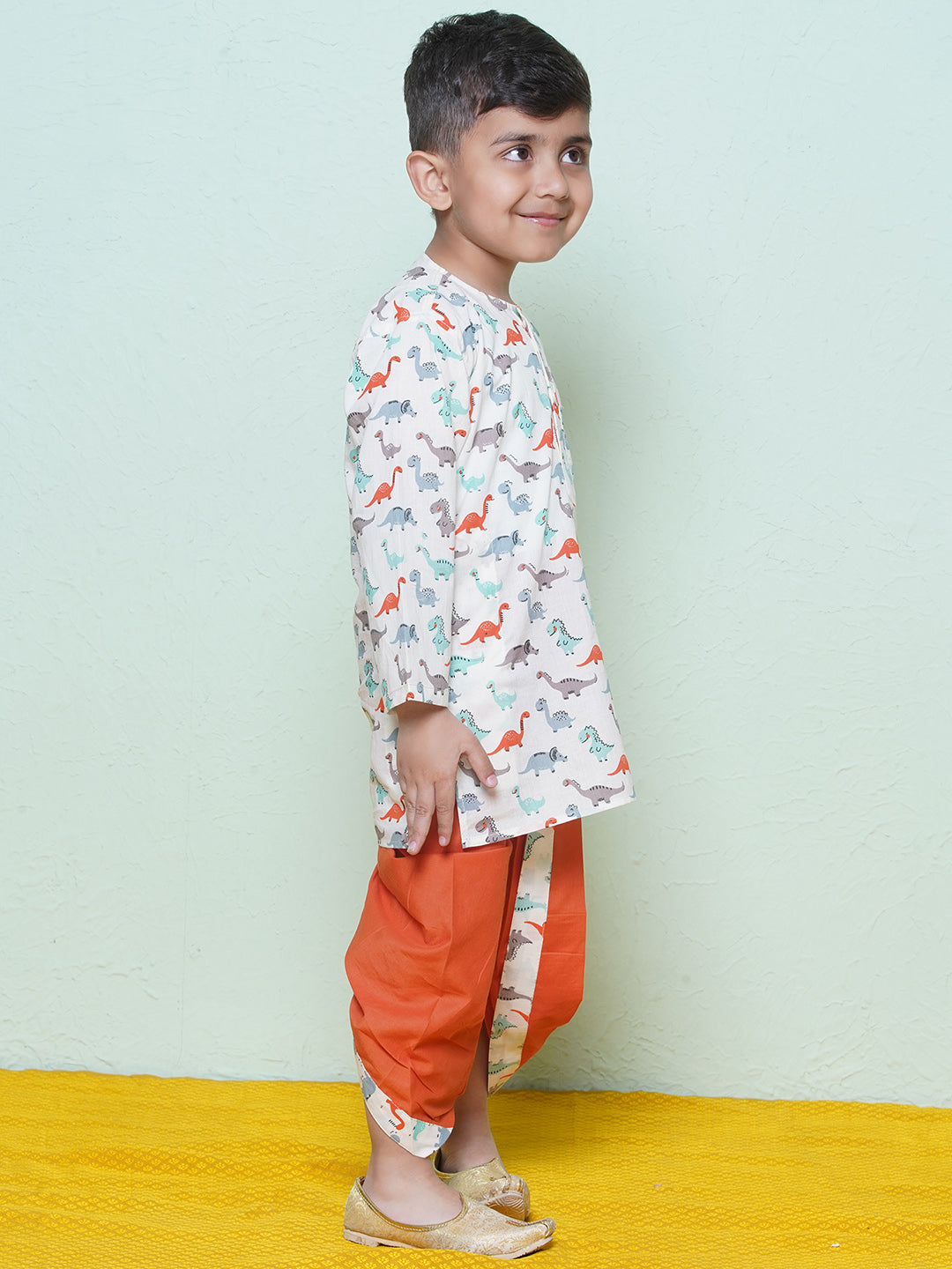 Kids Boys Rust Dino Print Cotton Dhoti Set