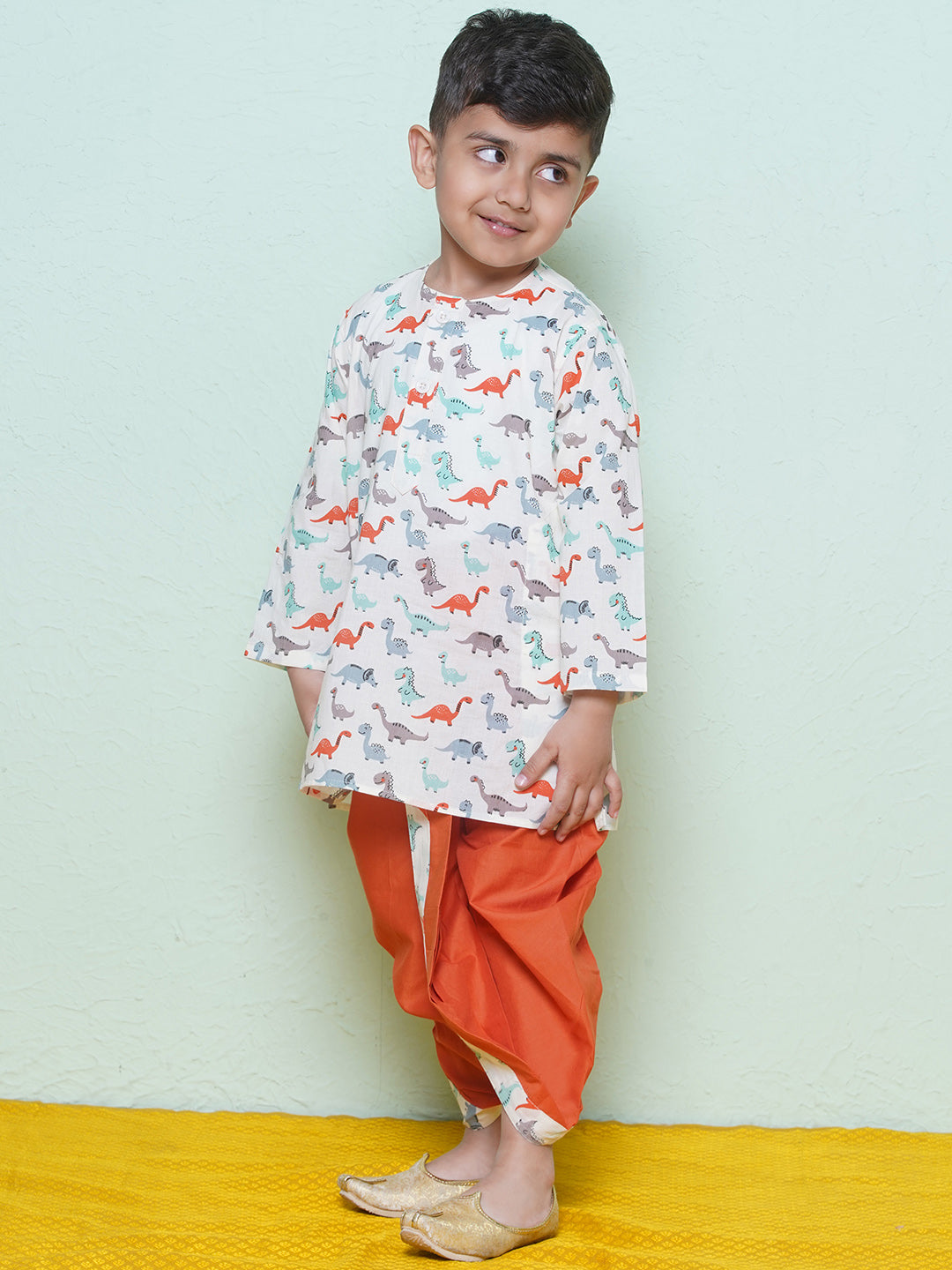 Kids Boys Rust Dino Print Cotton Dhoti Set