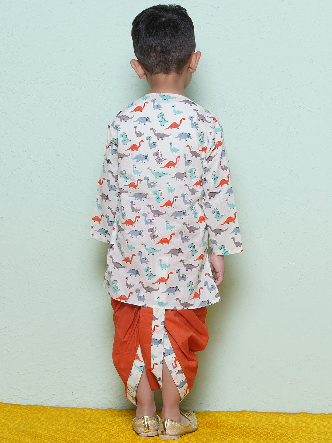 Kids Boys Rust Dino Print Cotton Dhoti Set