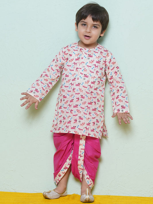 Kids Boys Pink Animal Print Cotton Dhoti Set