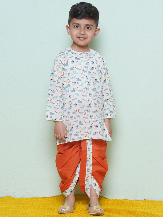 Kids Boys Rust Animal Print Cotton Dhoti Set