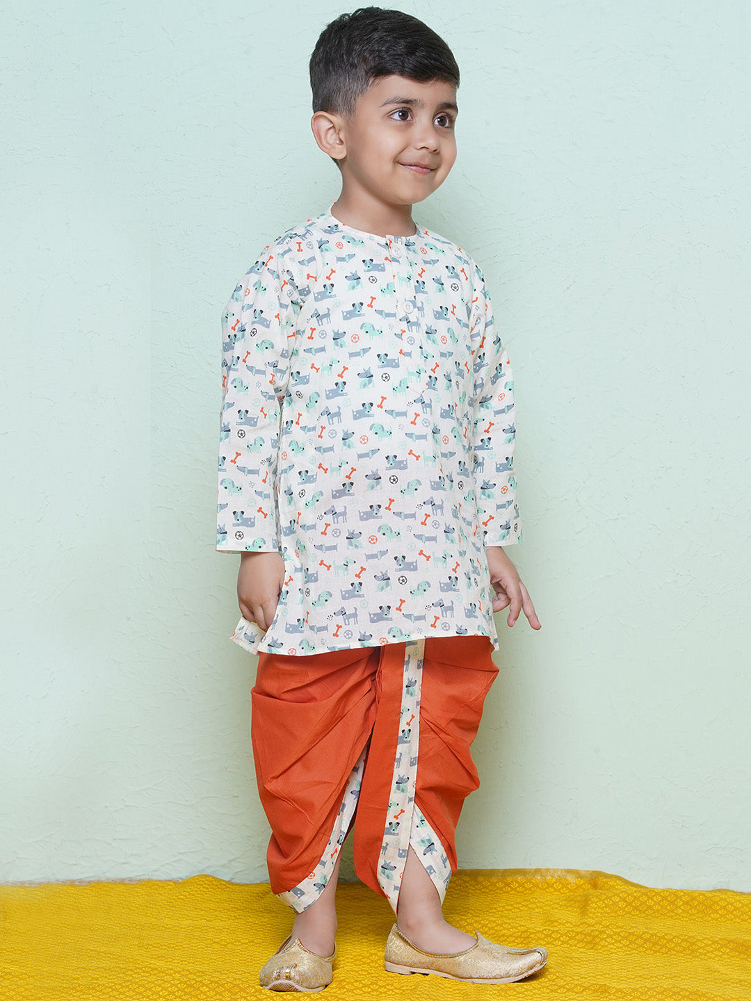 Kids Boys Rust Animal Print Cotton Dhoti Set