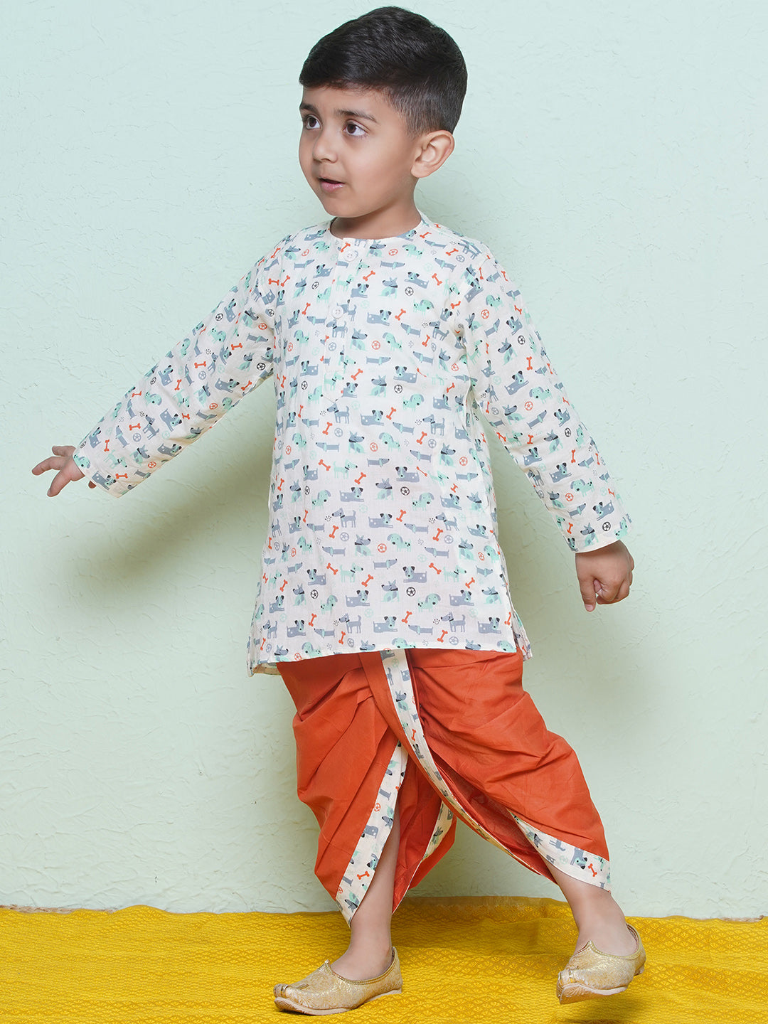 Kids Boys Rust Animal Print Cotton Dhoti Set