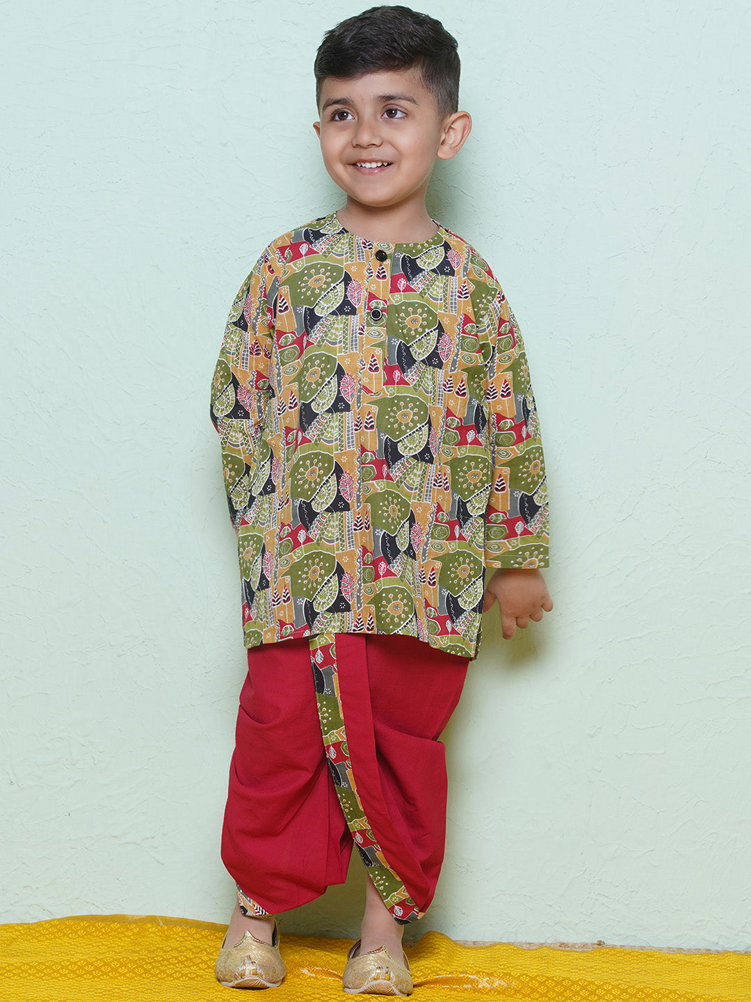 Kids Boys Red Abstract Print Cotton Dhoti Set