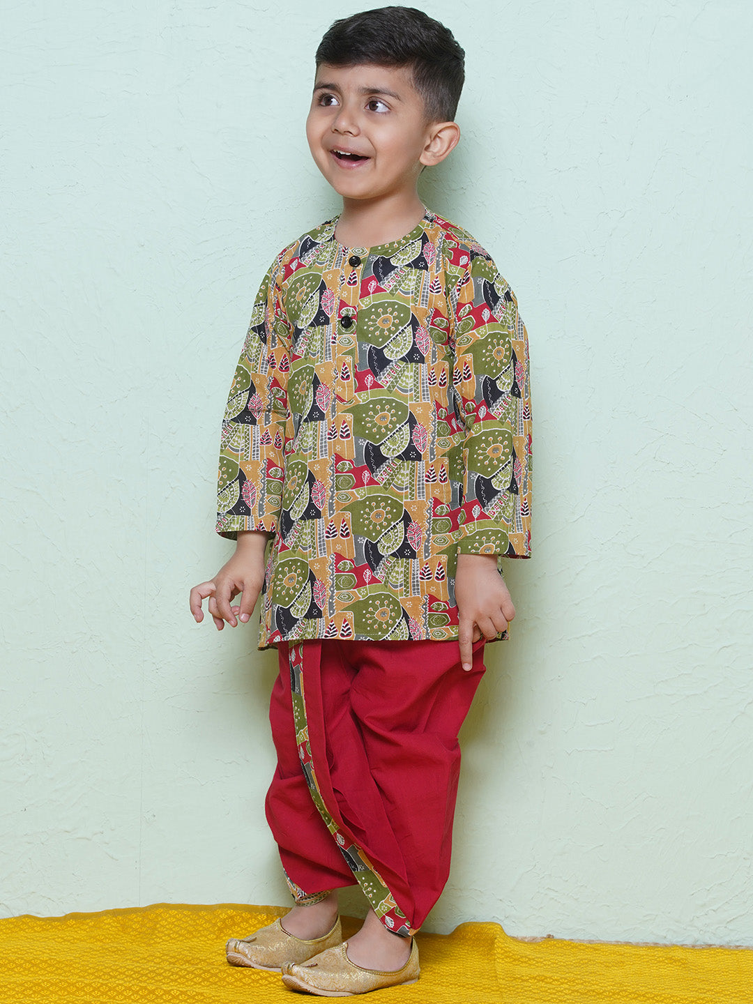 Kids Boys Red Abstract Print Cotton Dhoti Set