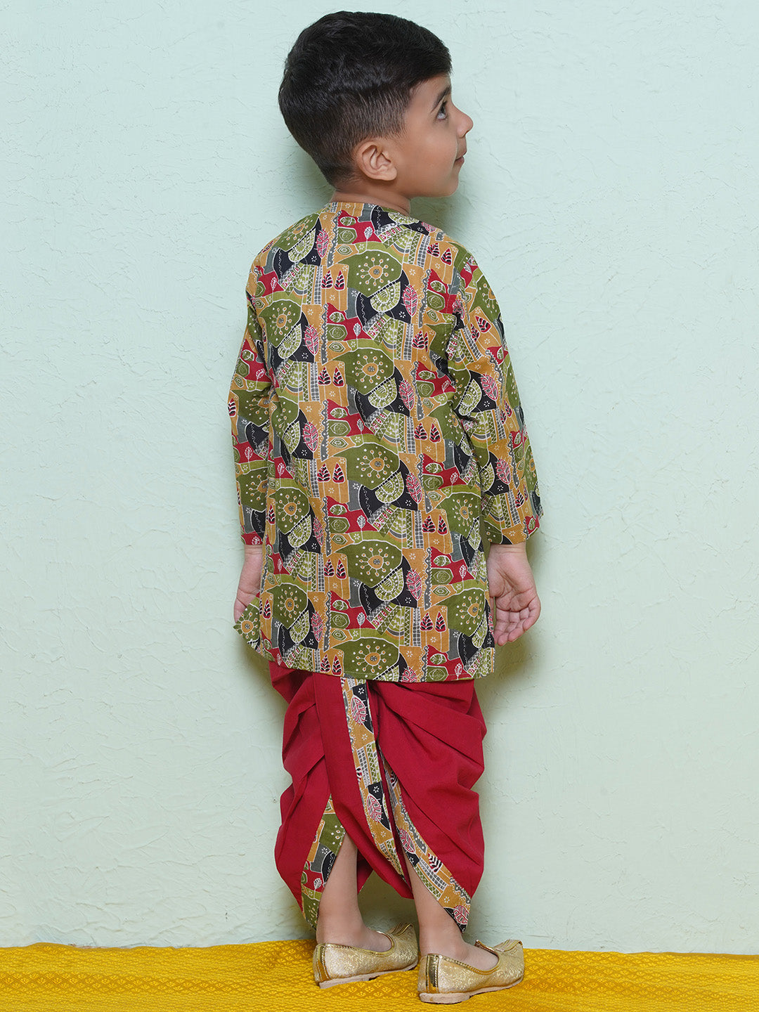 Kids Boys Red Abstract Print Cotton Dhoti Set