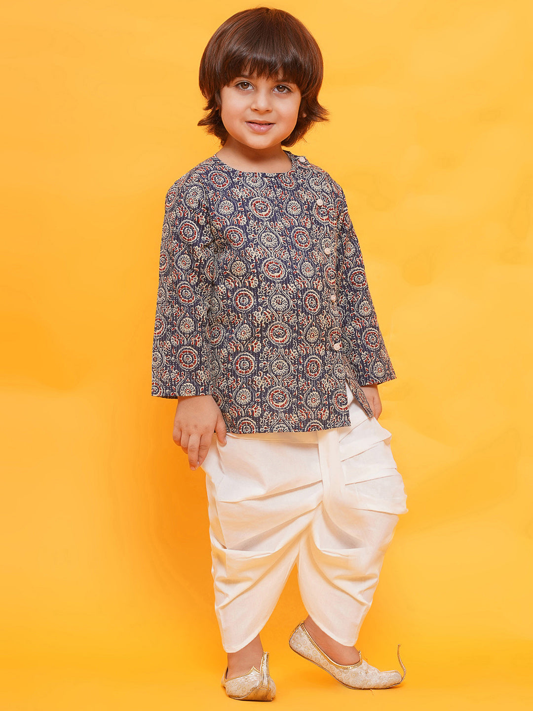 BLUE Pure Cotton Full sleeves Abstract Print Dhoti Set for Boys