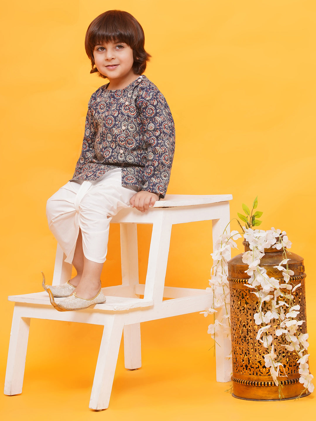 BLUE Pure Cotton Full sleeves Abstract Print Dhoti Set for Boys