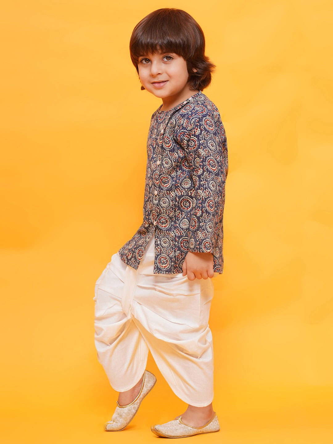 BLUE Pure Cotton Full sleeves Abstract Print Dhoti Set for Boys