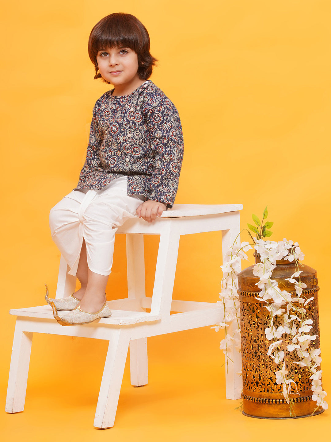 BLUE Pure Cotton Full sleeves Abstract Print Dhoti Set for Boys