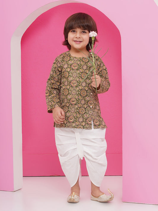 Aj Dezines Green Pure Cotton Full Sleeves Abstract Print Dhoti Set For Boys