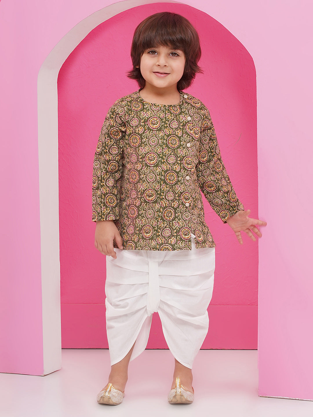 GREEN Pure Cotton Full sleeves Abstract Print Dhoti Set for Boys